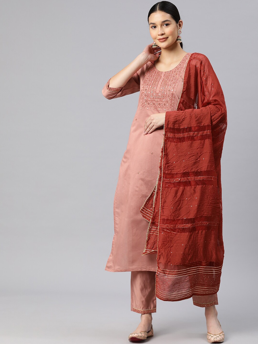 

Mitera Floral Yoke Design Regular Thread Work Kurta With Trousers & Dupatta, Peach