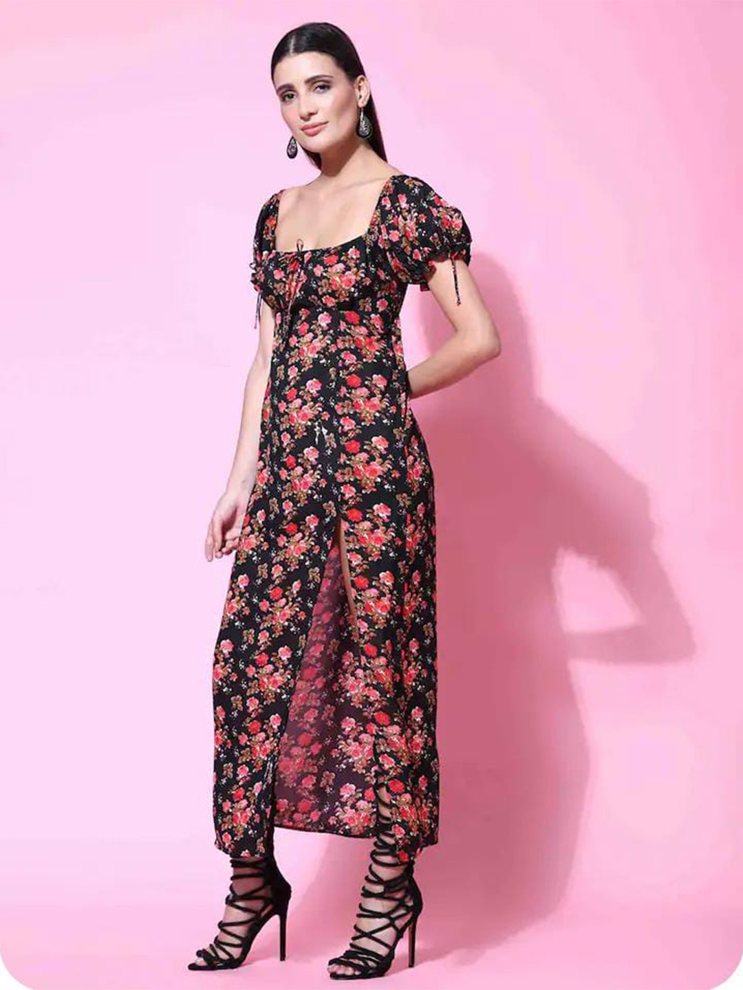 

Rujave Floral Printed Puff Sleeves Crepe Maxi Dress, Black