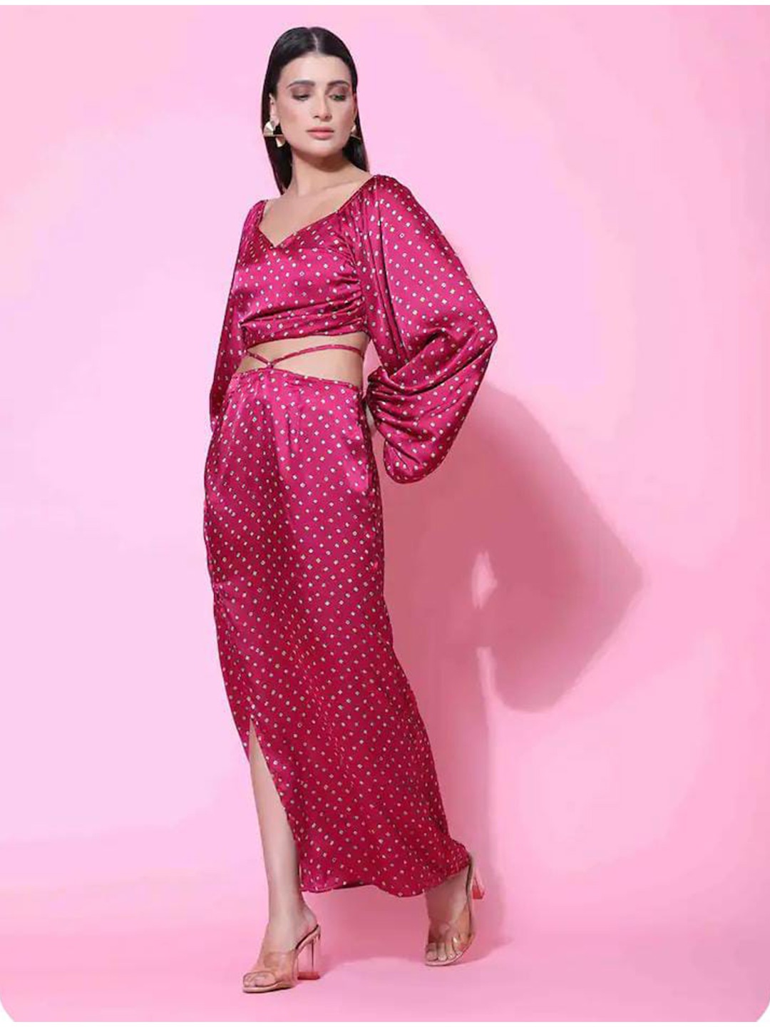 

Rujave Polka Dot Printed Puff Sleeve Crepe Maxi Dress, Maroon