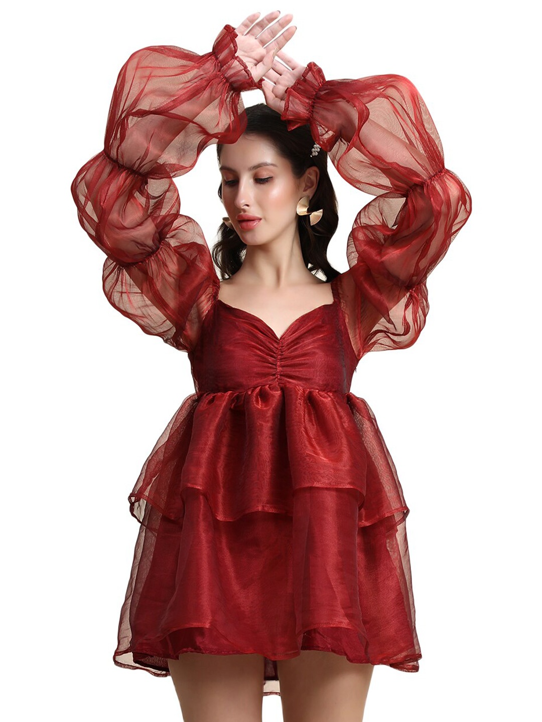 

Rujave Puff Sleeves Crepe Fit & Flare Mini Dress, Maroon