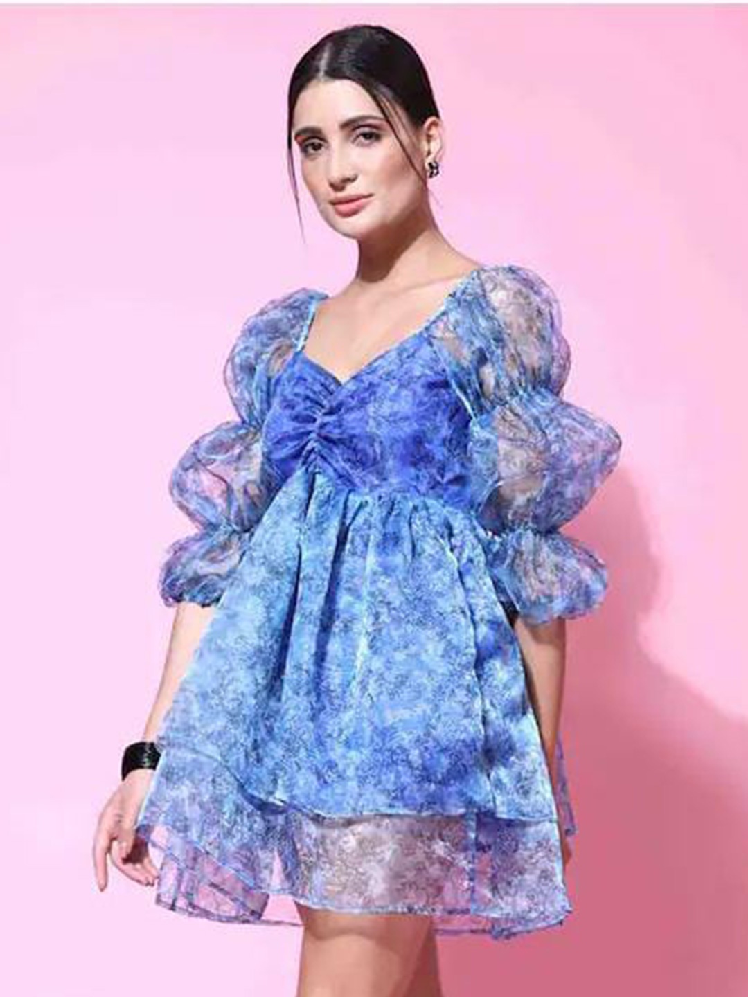 

Rujave Navy Blue & Navy Blue Puff Sleeve Applique Crepe Fit & Flare Dress