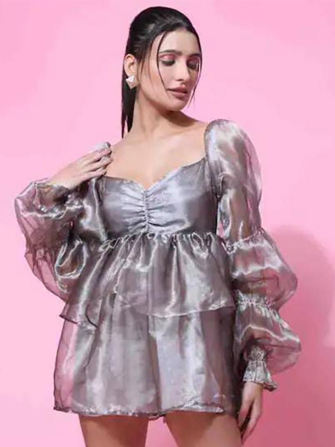 

Rujave Silver-Toned & Silver-Toned Puff Sleeve Applique Crepe Fit & Flare Dress