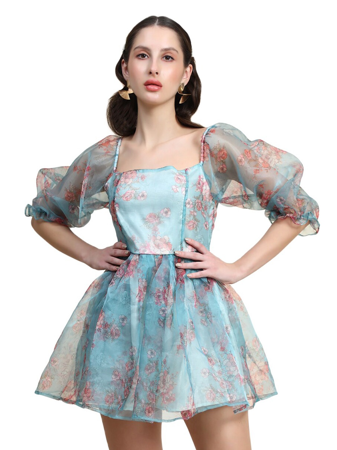 

Rujave Floral Printed Crepe Fit & Flare Dress, Blue