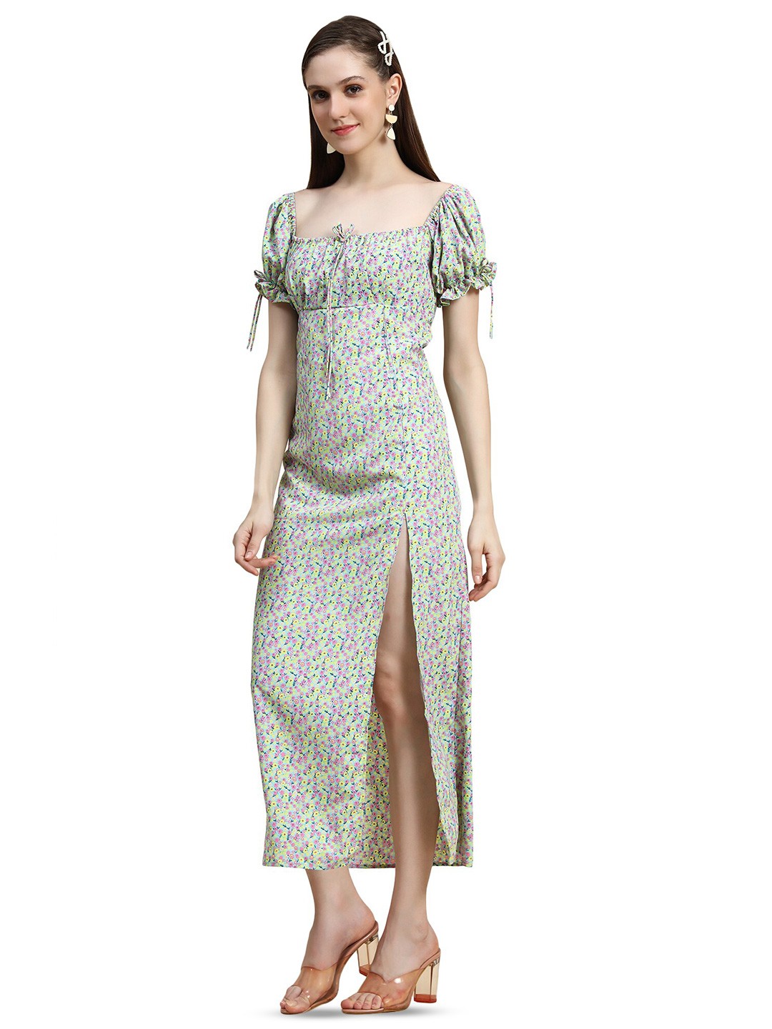

Rujave Floral Printed Crepe Maxi Dress, Lime green