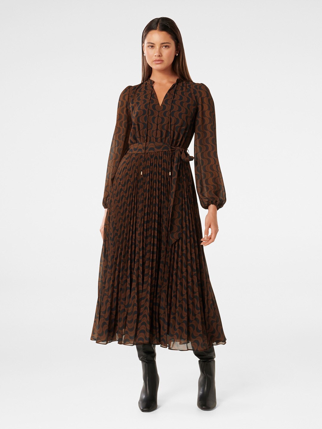 

Forever New Abstract Printed Puff Sleeves Fit & Flare Midi Dress, Brown