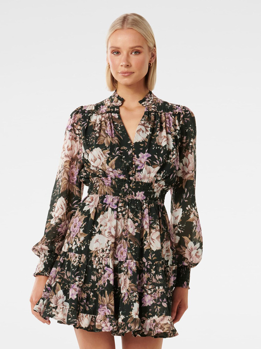 

Forever New Floral Printed Bishop Sleeves Fit & Flare Mini Dress, Black