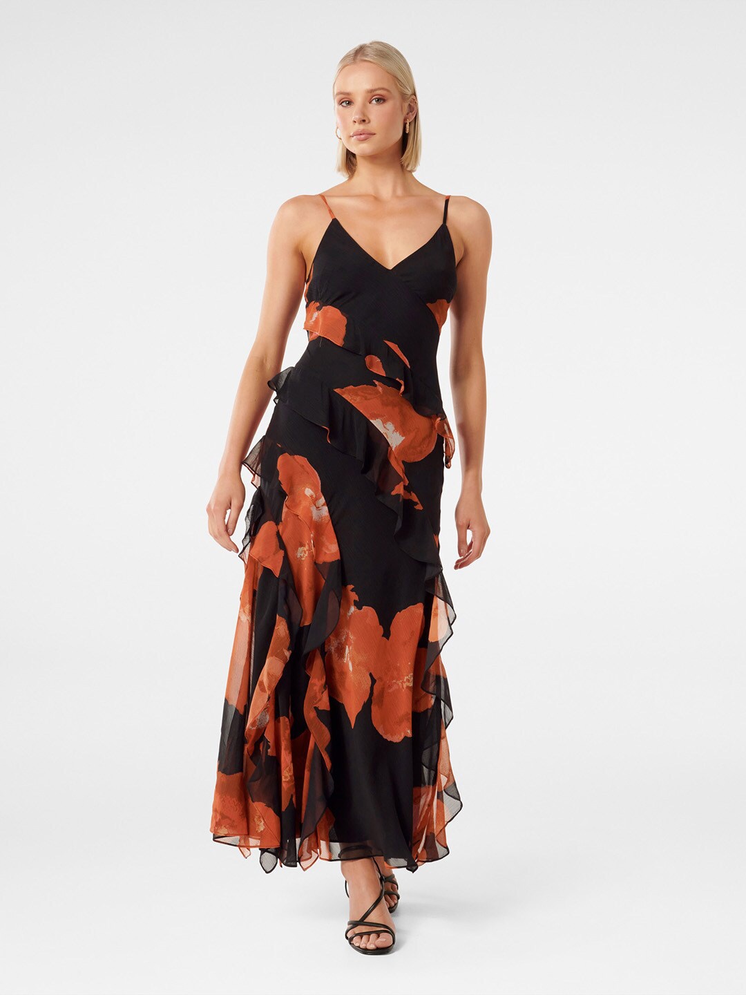 

Forever New Abstract Printed Ruffles Maxi Dress, Black