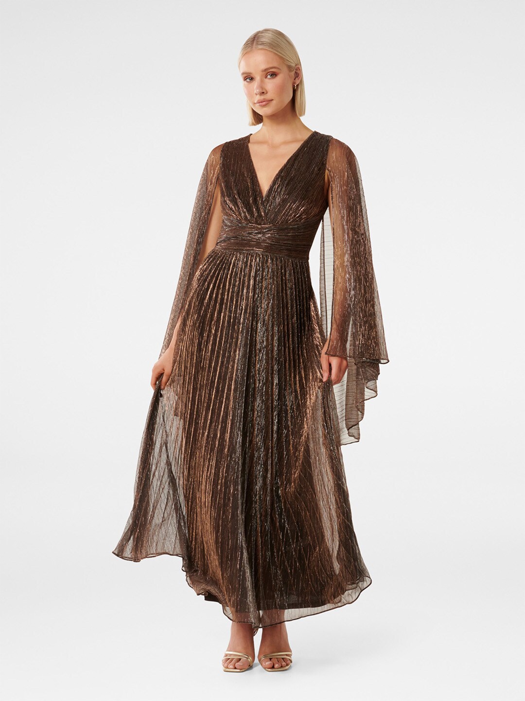 

Forever New Cape Sleeves Fit & Flare Maxi Dress, Bronze