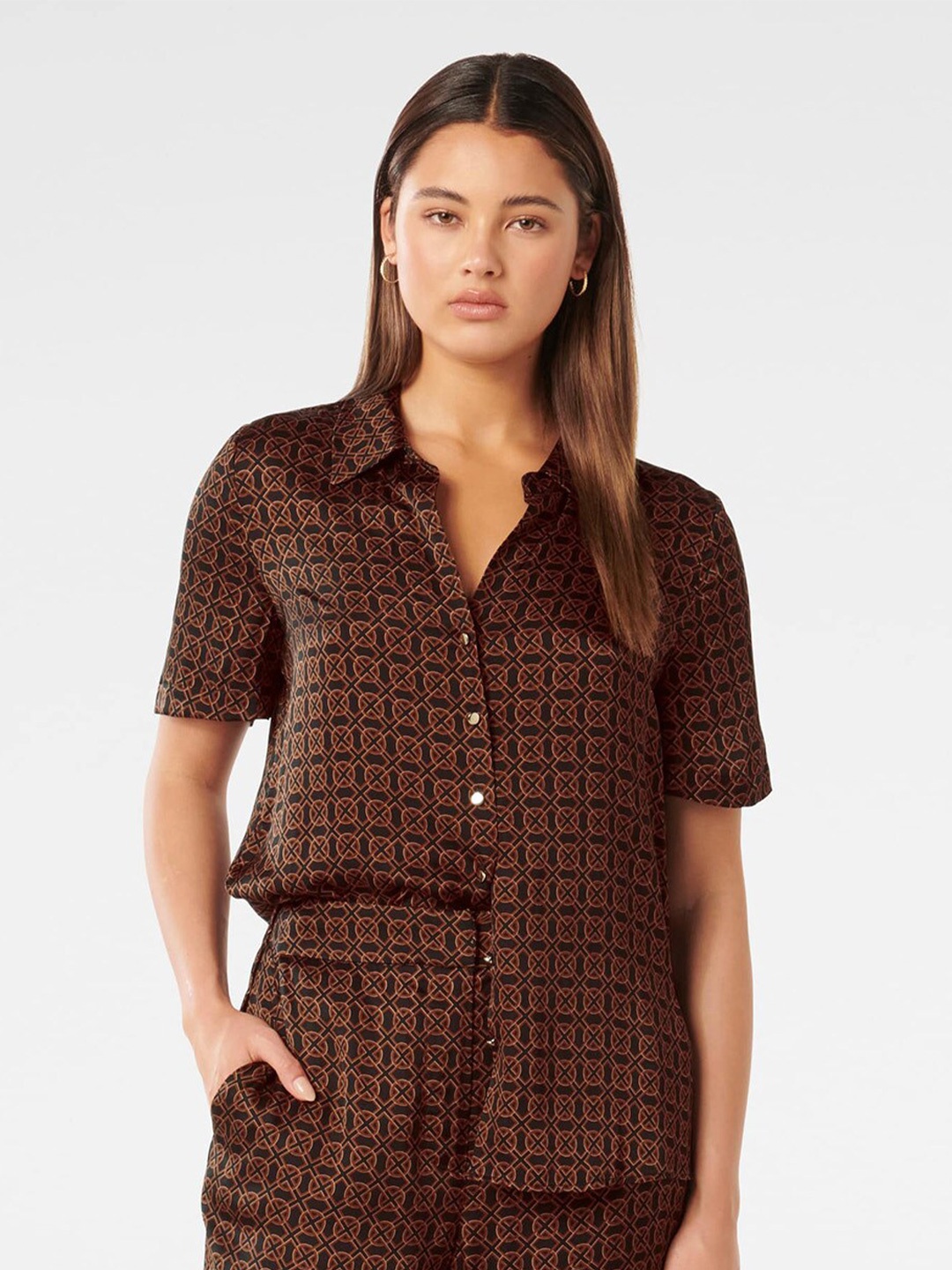 

Forever New Classic Abstract Printed Casual Satin Shirt, Brown