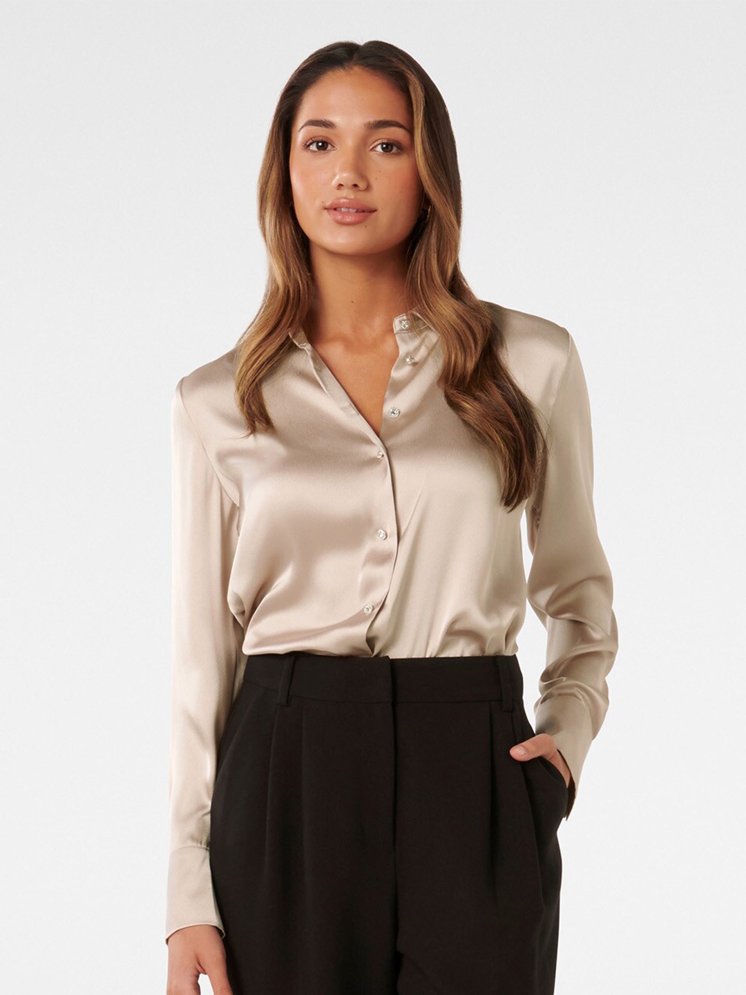 

Forever New Spread Collar Classic Casual Satin Shirt, Beige