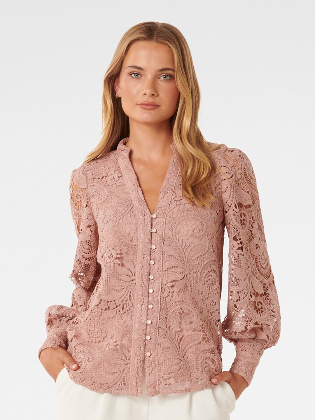 

Forever New Floral Laced Cuffed Sleeves Shirt Style Top, Peach