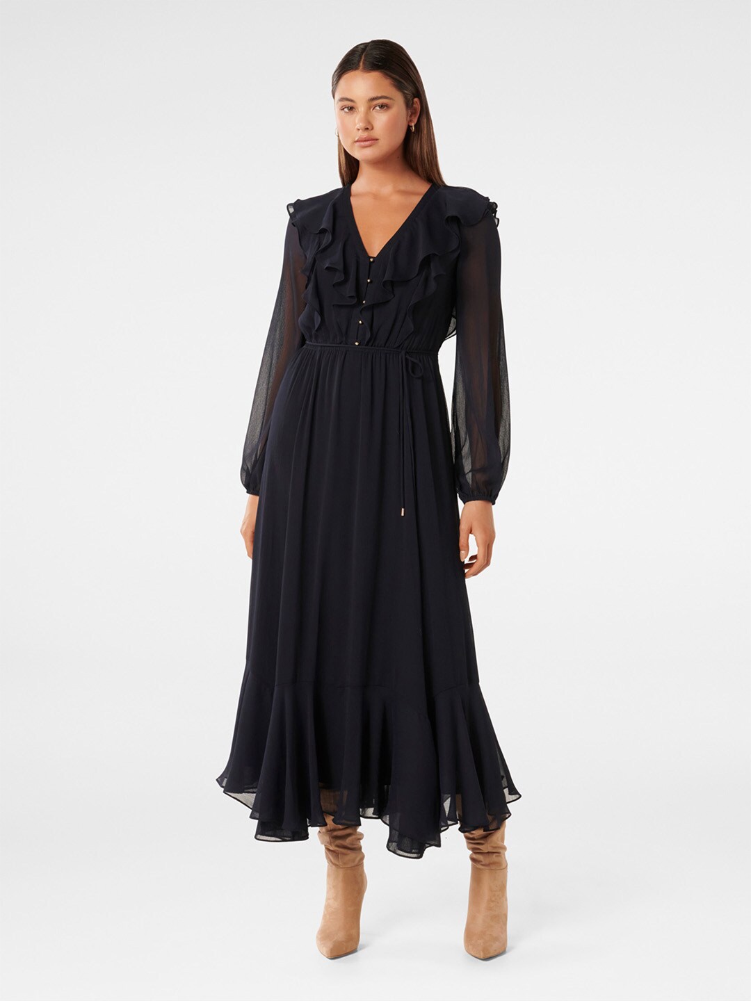 

Forever New V-Neck Ruffled Fit & Flare Midi Dress, Navy blue