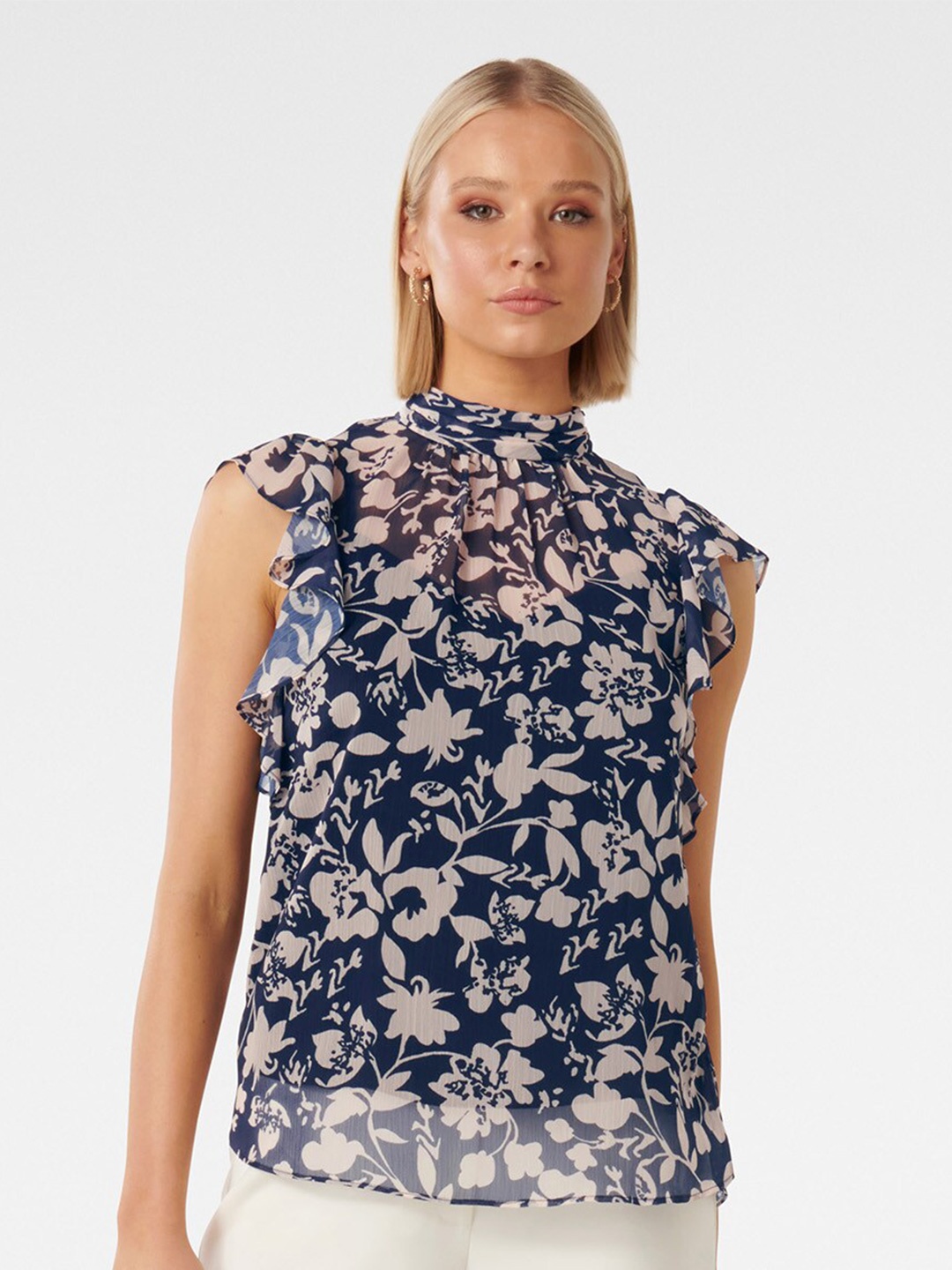 

Forever New Floral Print Ruffled High Neck Blouson Top, Blue