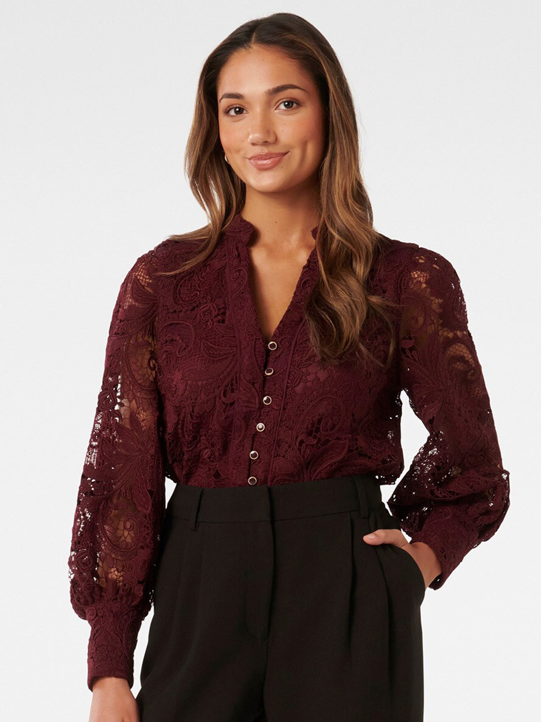 

Forever New Floral Laced Cuffed Sleeves Shirt Style Top, Maroon