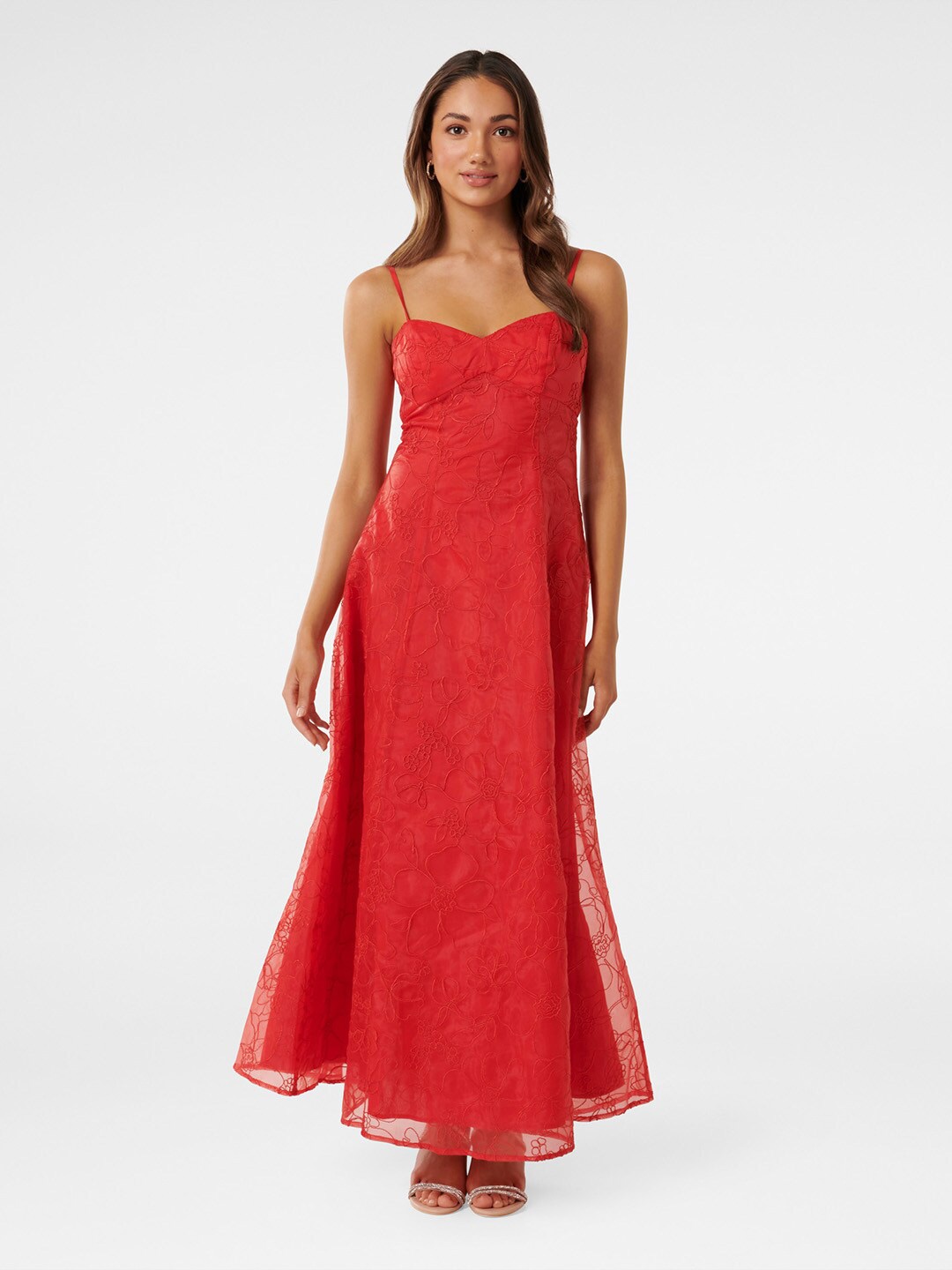 Forever New Floral Embroidered Sweetheart Neck Maxi Dress, Red