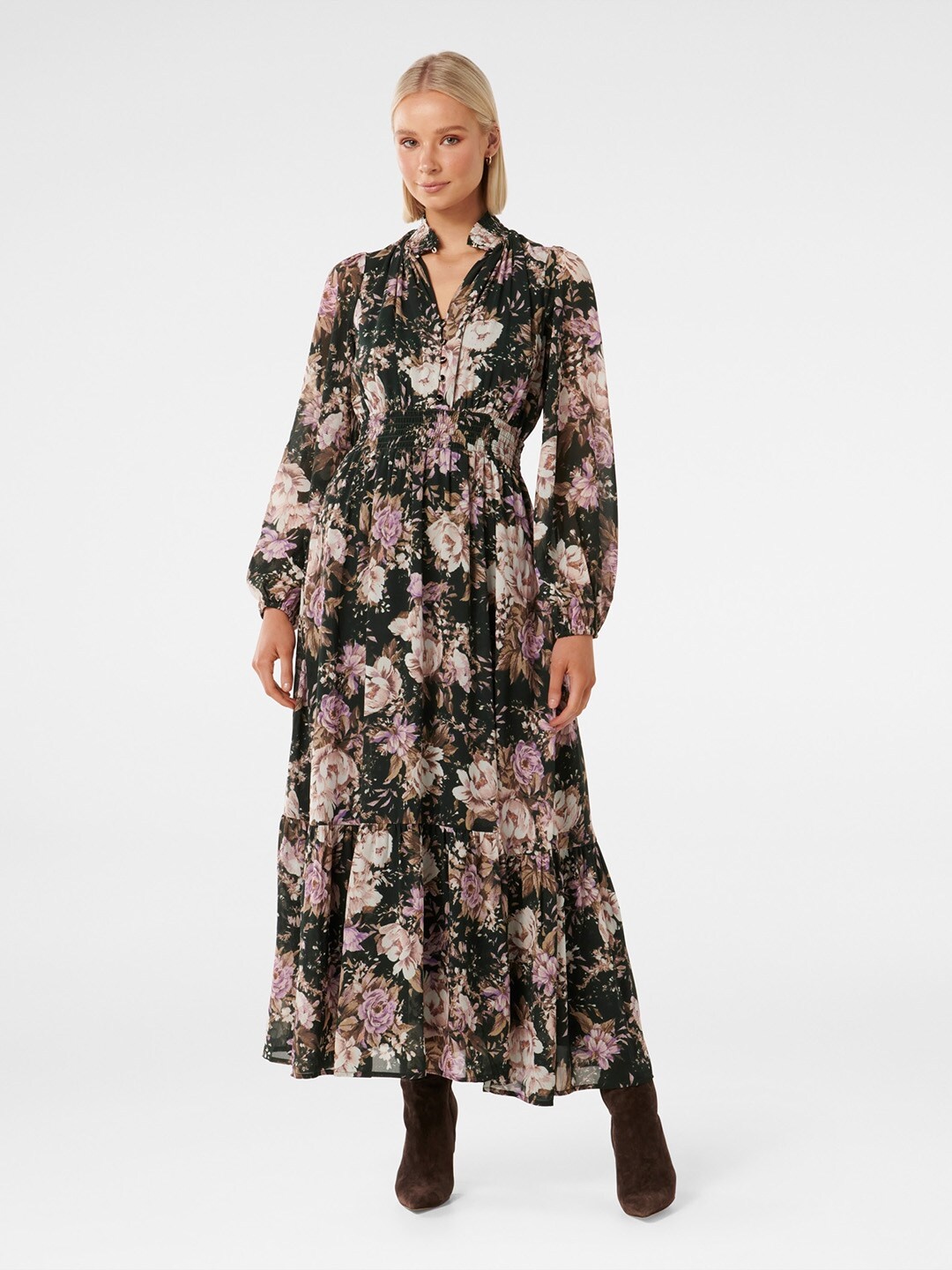 

Forever New Floral Printed Mandarin Collar Fit & Flare Midi Dress, Black