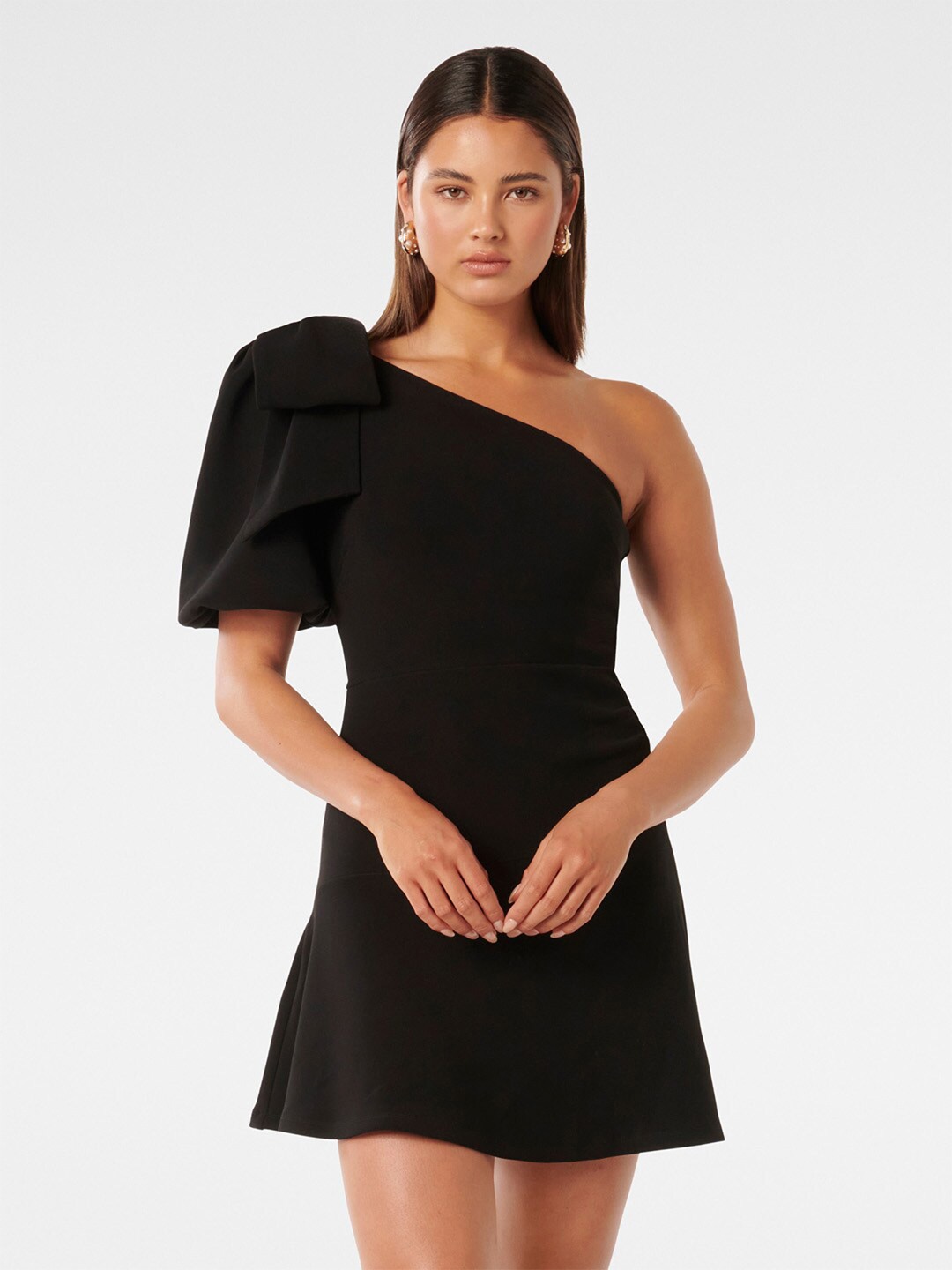 

Forever New One Shoulder Puff Sleeves A-Line Mini Dress, Black