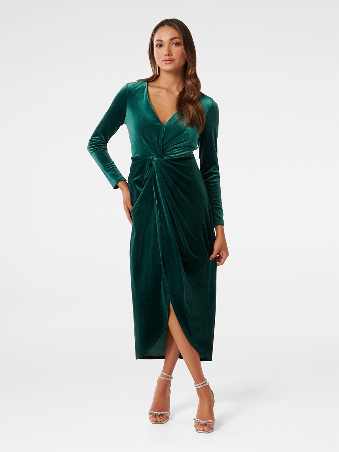 

Forever New Twist Detail Velvet A-Line Midi Dress, Green