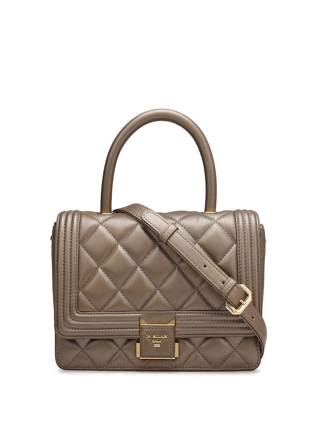 

Da Milano Textured Quilted Detailed Structured Leather Handheld Bag, Brown