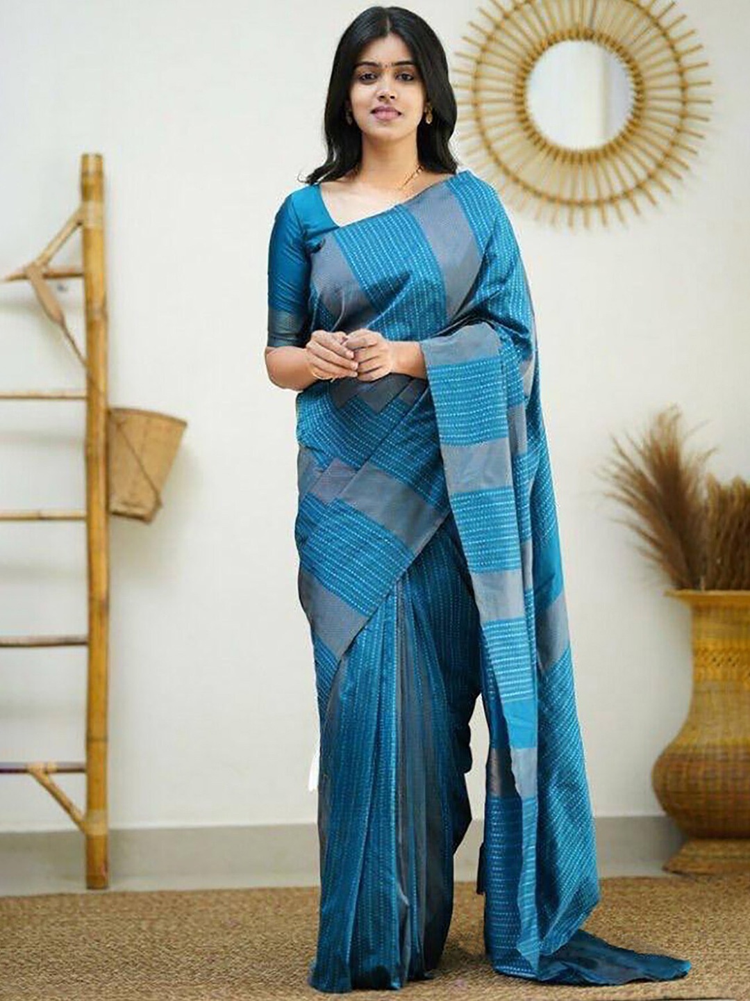

KALINI Striped Woven Design Silk Blend Kanjeevaram Saree, Teal