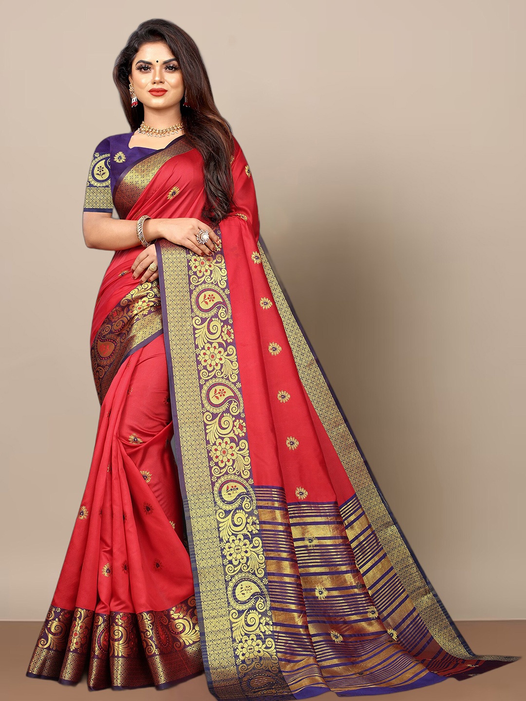 

KALINI Silk Blend Kanjeevaram Saree, Red