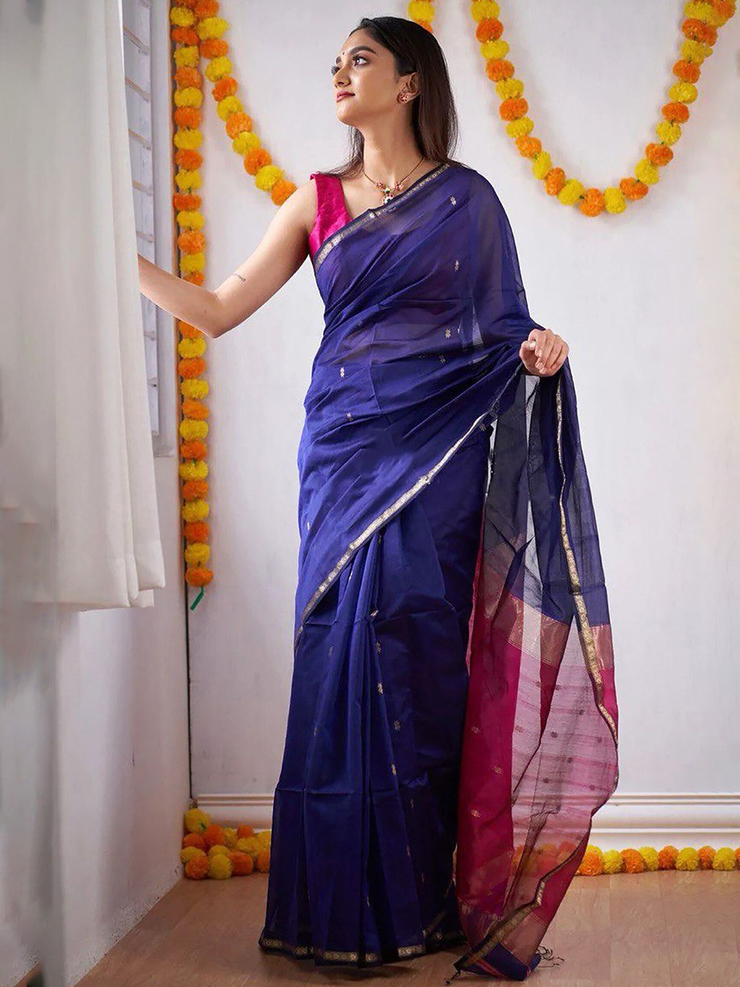 

KALINI Silk Blend Kanjeevaram Saree, Blue