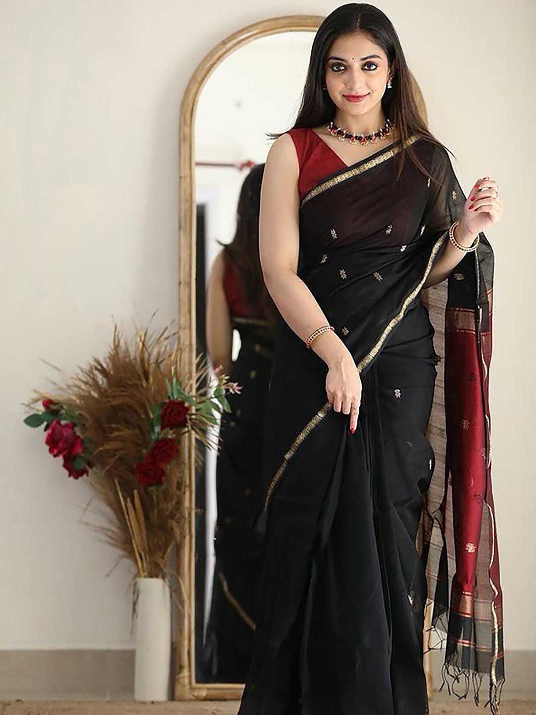 

KALINI Ethnic Motifs Woven Design Zari Designer Kanjeevaram Saree, Black