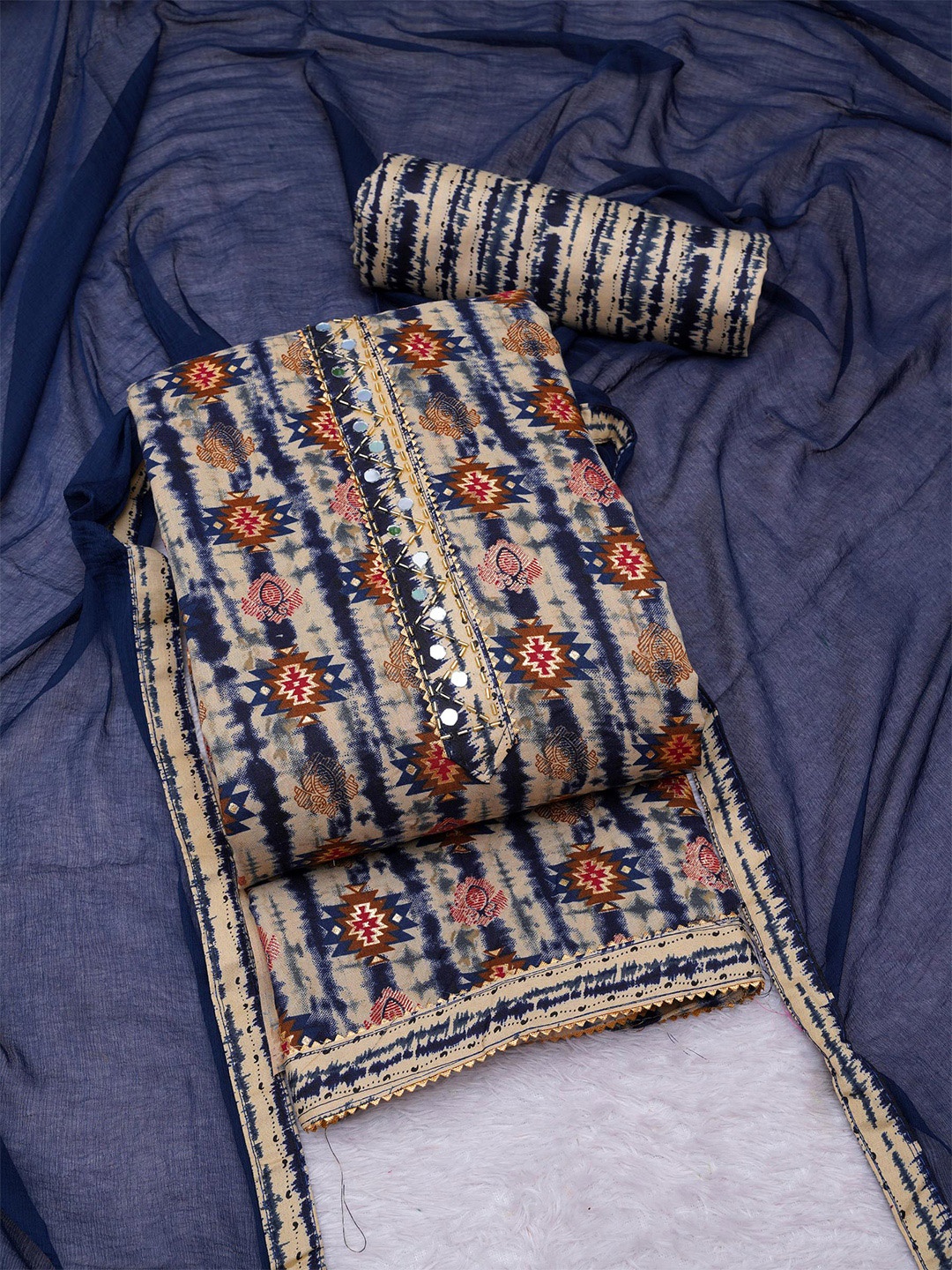 

KALINI Floral Printed Unstitched Dress Material, Navy blue