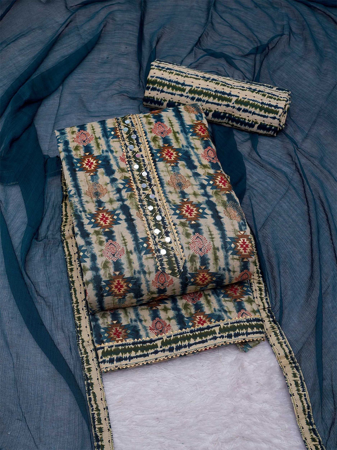

KALINI Floral Printed Unstitched Dress Material, Teal