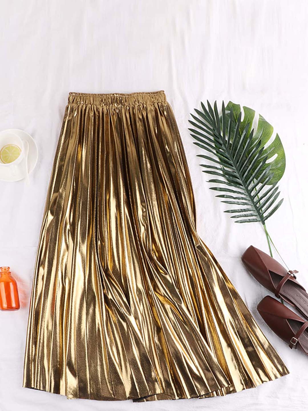 

LULU & SKY Pleated A-line Midi Skirt, Gold