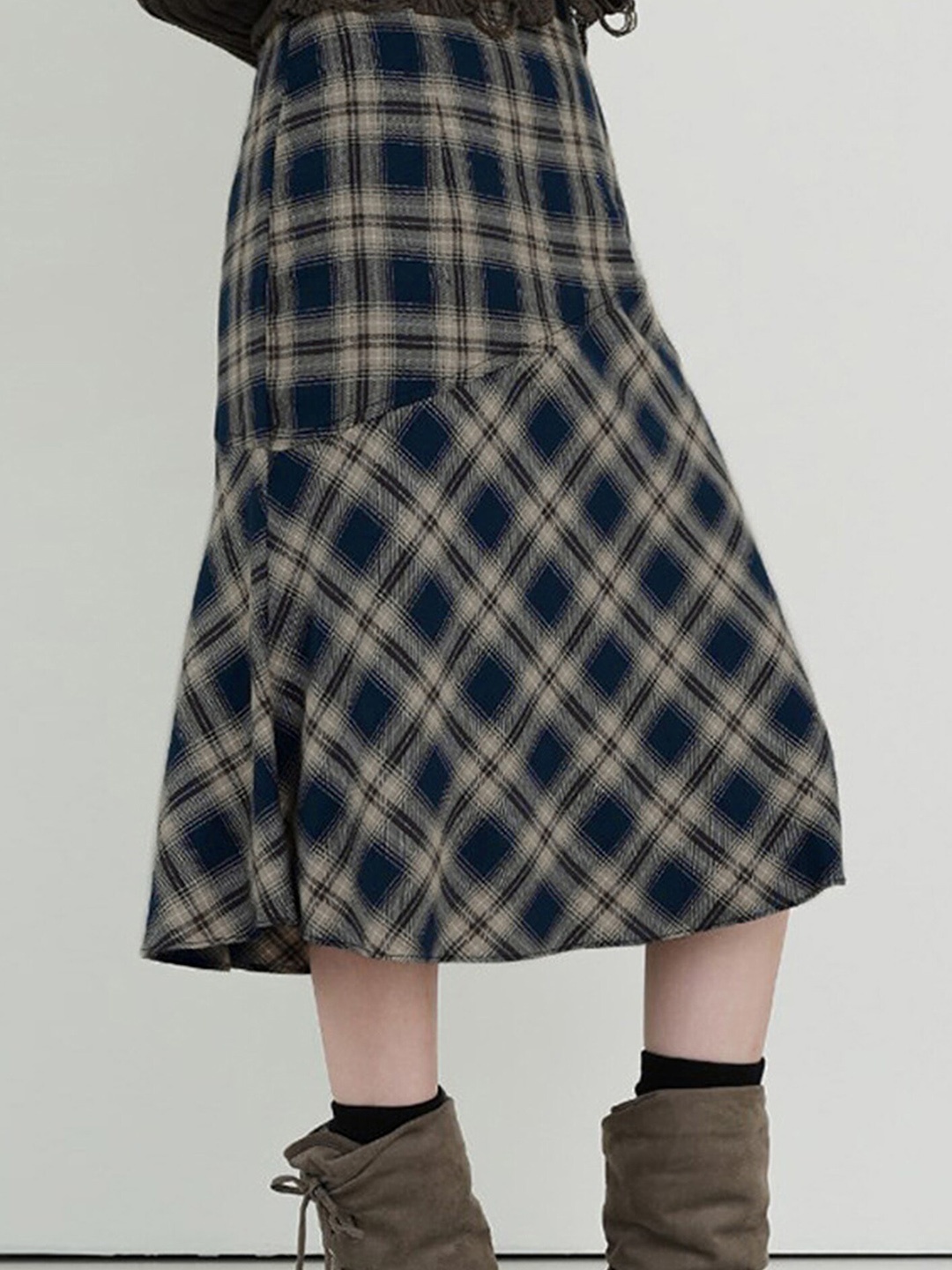 

LULU & SKY Checked Pure Cotton A-line Midi Skirt, Navy blue