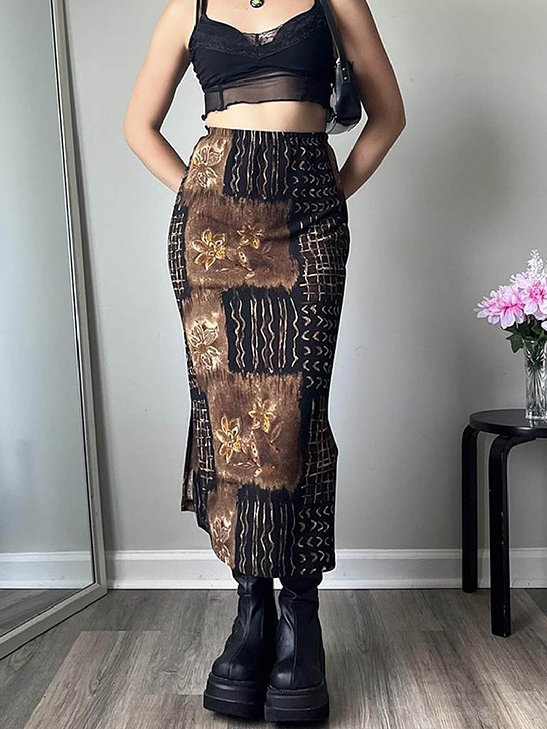 

LULU & SKY Abstract Printed High-Waist Midi Pencil Skirt, Black