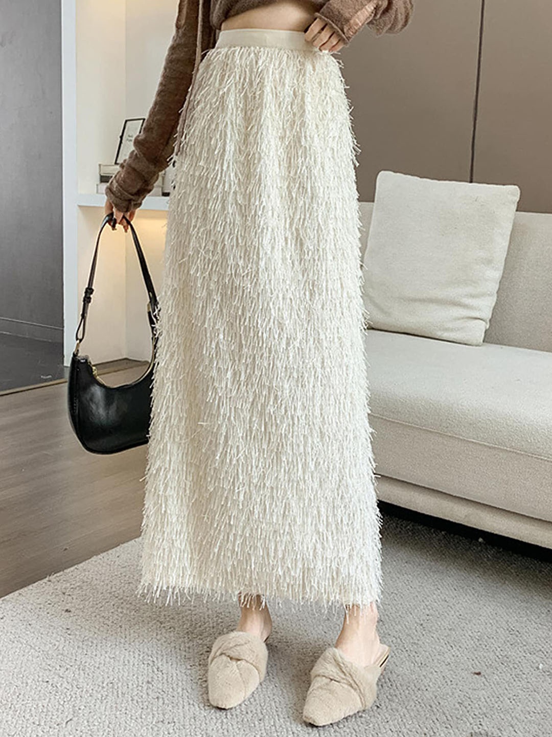 

LULU & SKY Fringed High-Waist A-line Maxi Skirt, White