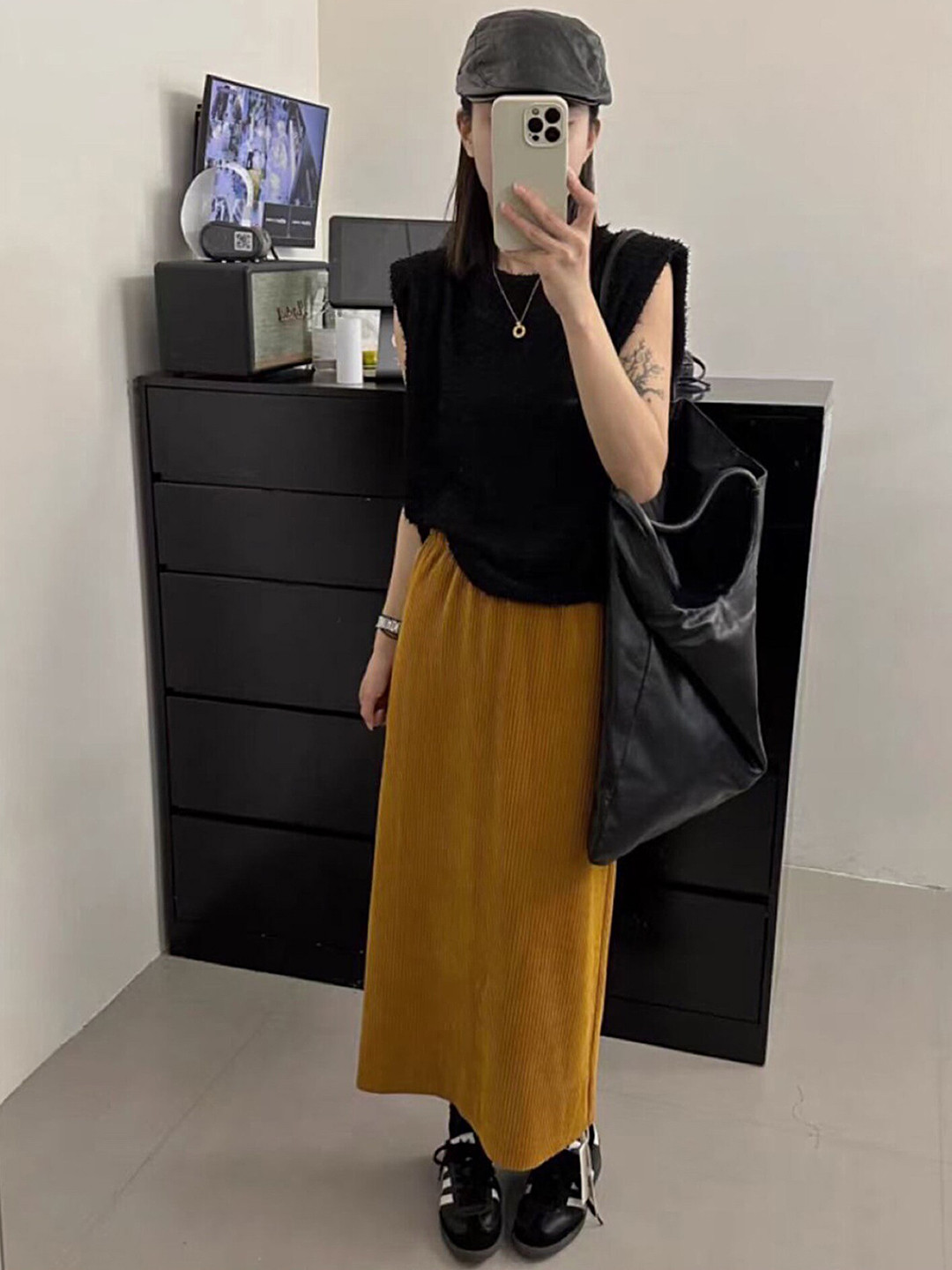 

LULU & SKY Self Design Corduroy Pure Cotton A-Line Midi Skirt, Yellow