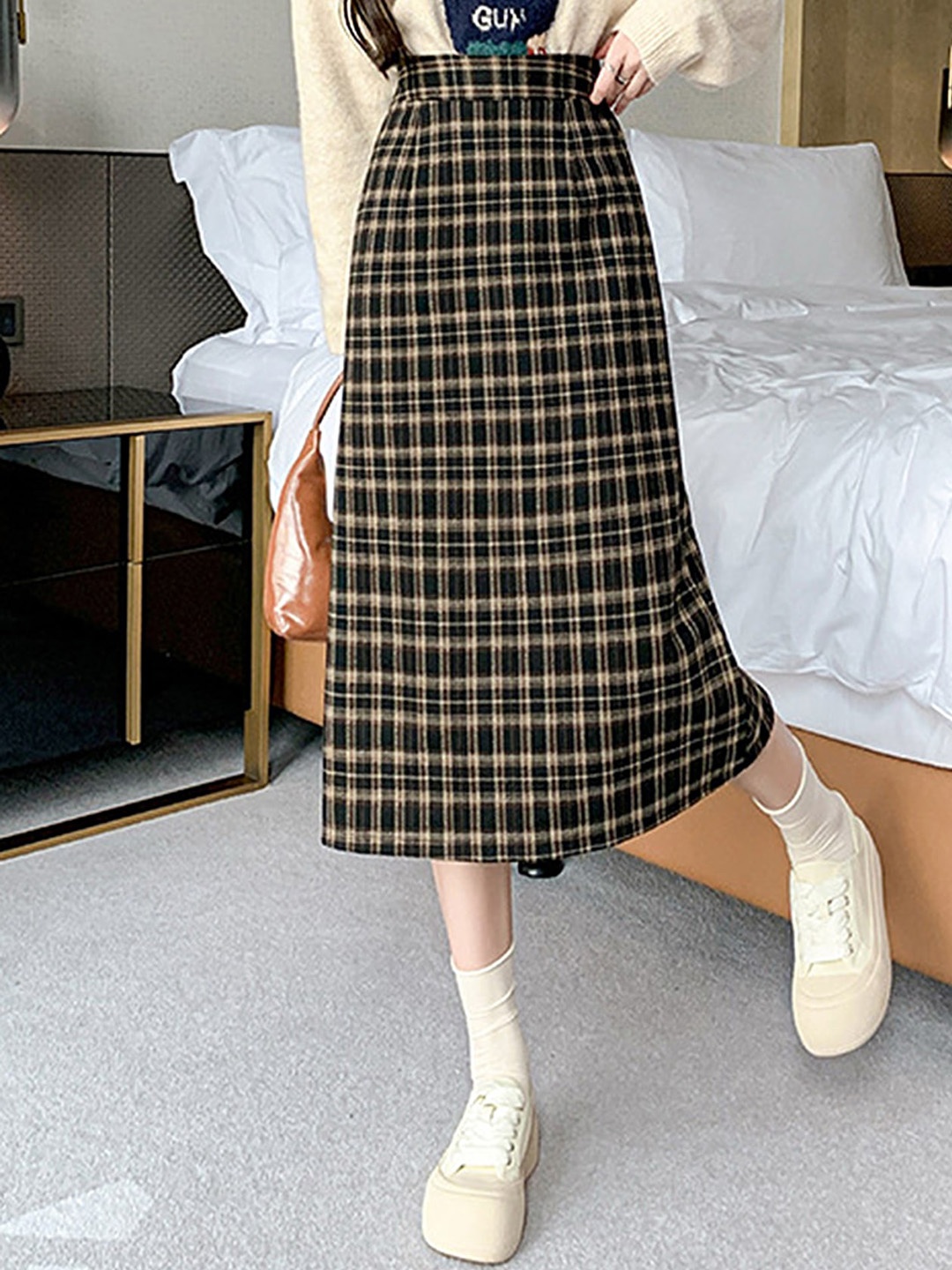 

LULU & SKY Checked A-line Skirt, Coffee brown