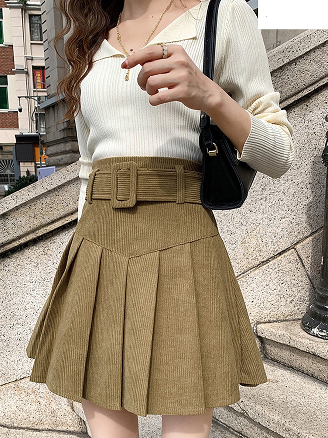 

LULU & SKY Buckle-waisted A-line Pleated Skirt, Khaki