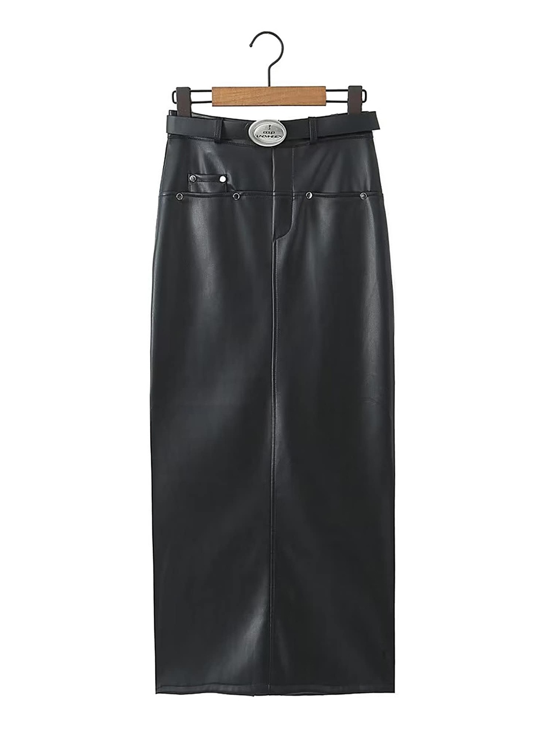 

LULU & SKY PU-Leather Back-Slit Straight Midi Skirt & Belt, Black