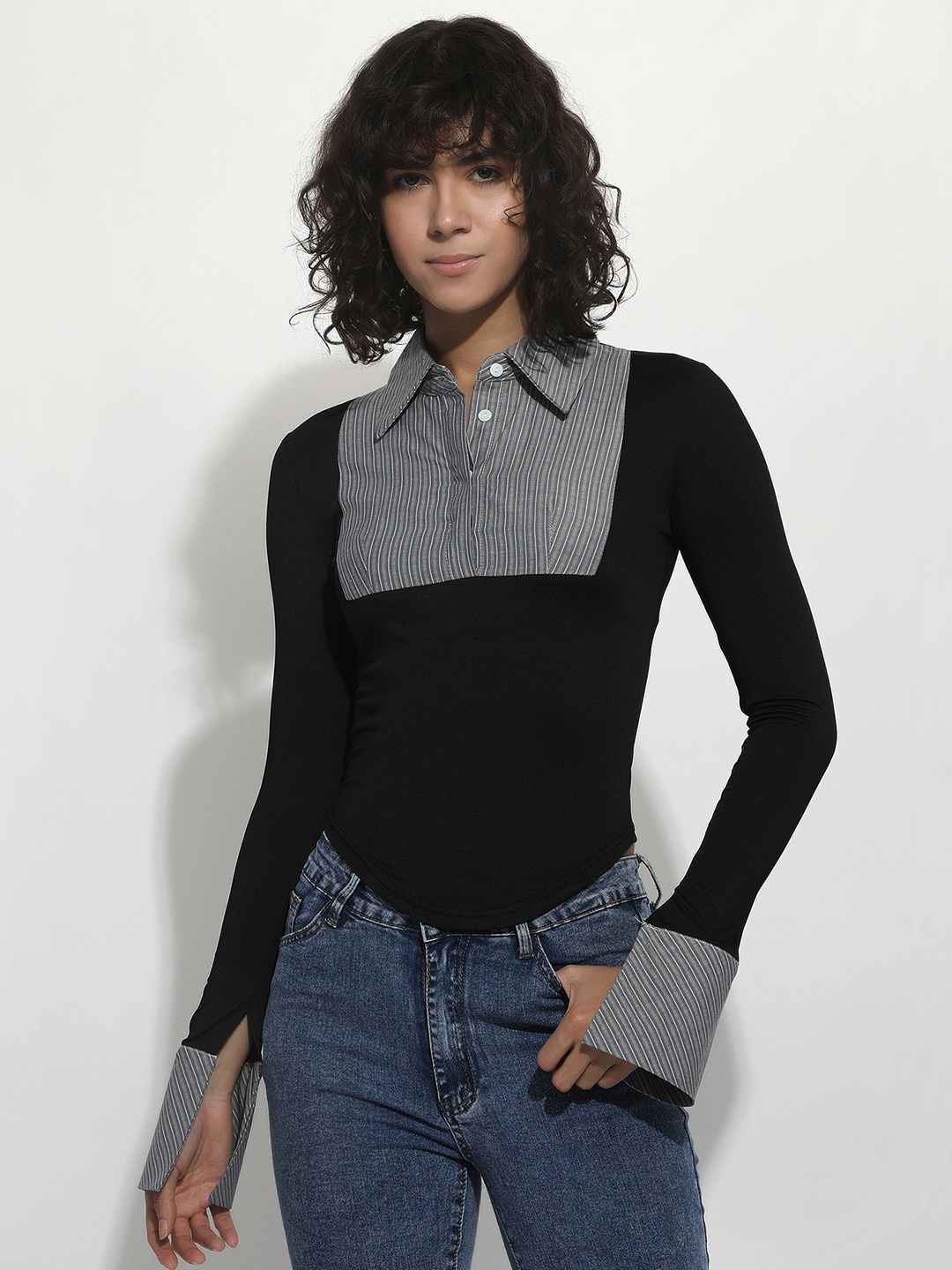 

LULU & SKY Contrast Stripe Polo Neck Long Sleeves Top, Black