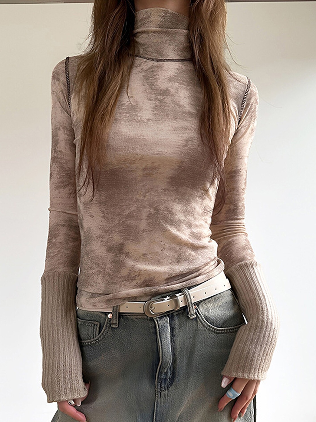 

LULU & SKY Tie and Dye Dyed Turtle-Neck Fitted Top, Peach