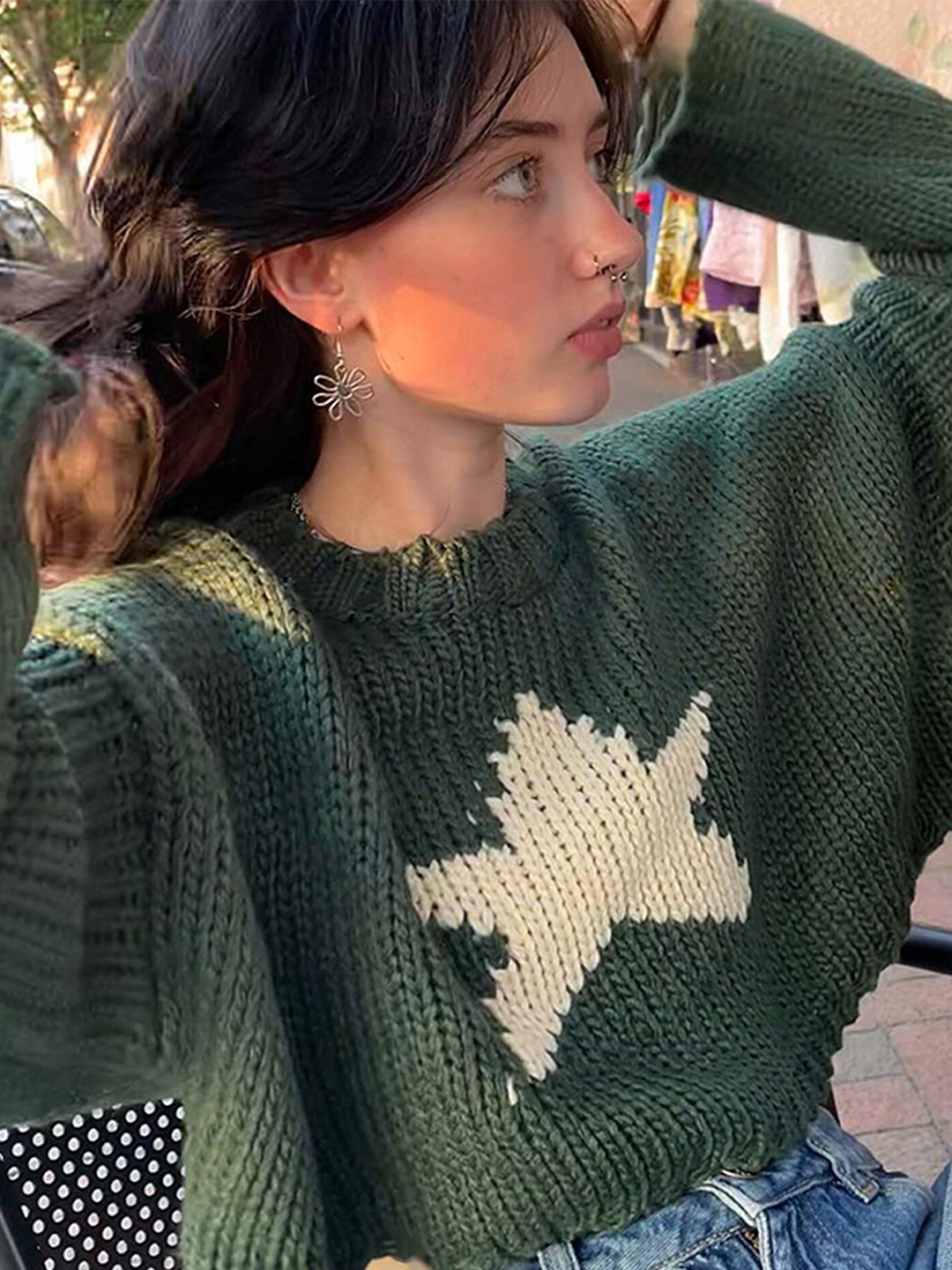 

LULU & SKY Geometric Self Design Crop Pullover Sweater, Green