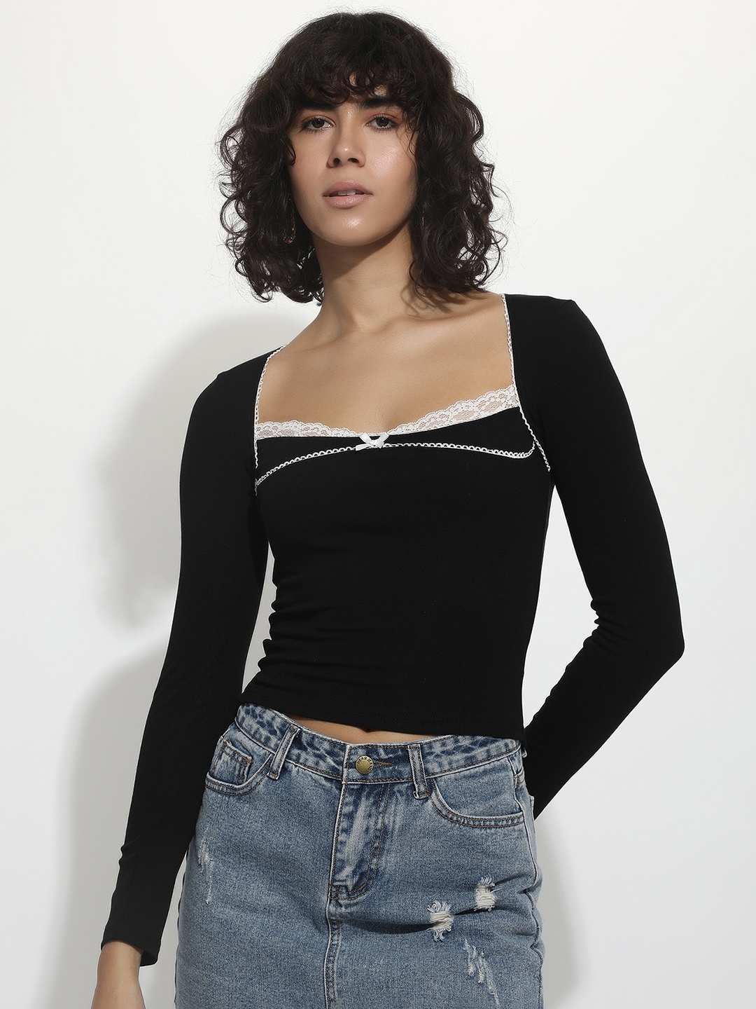 

LULU & SKY Square Neck Lace Inserts Fitted Crop Top, Black