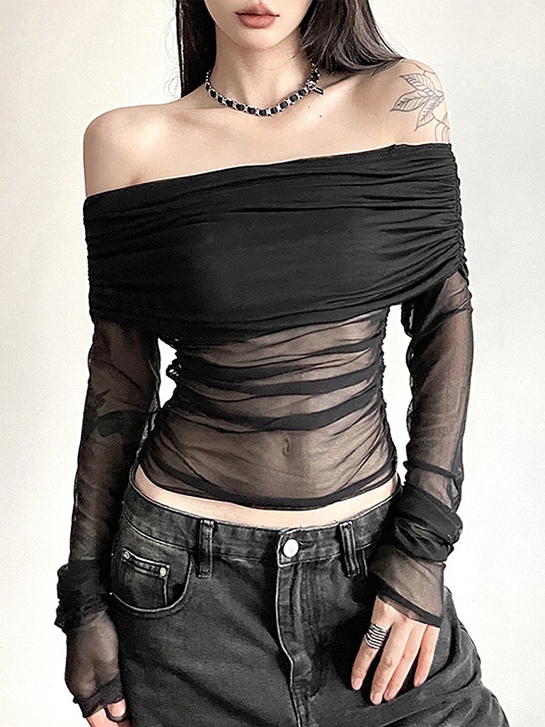 

LULU & SKY Off Shoulder Sheer Ruched Bardot Top, Black