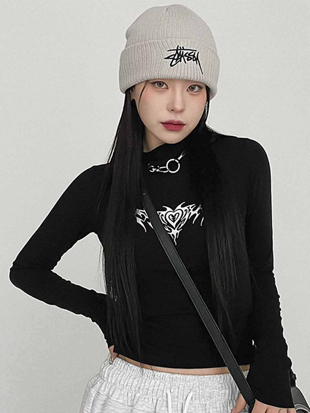 

LULU & SKY Graphic Printed High Neck Fitted Top, Black