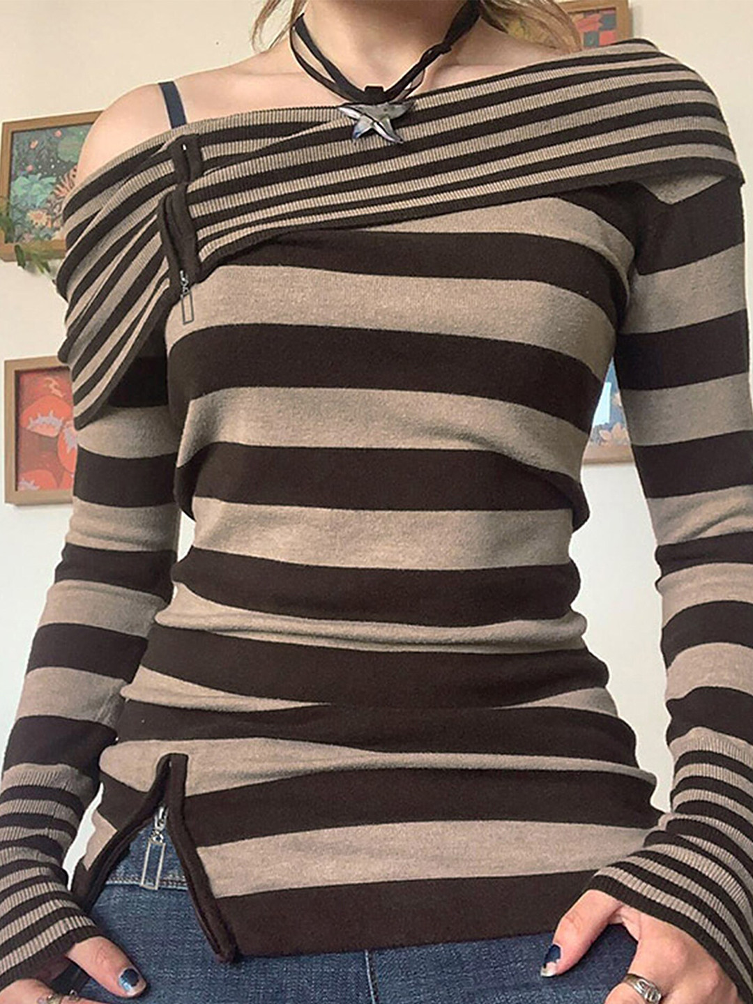 

LULU & SKY Striped One Shoulder Fitted Top, Brown