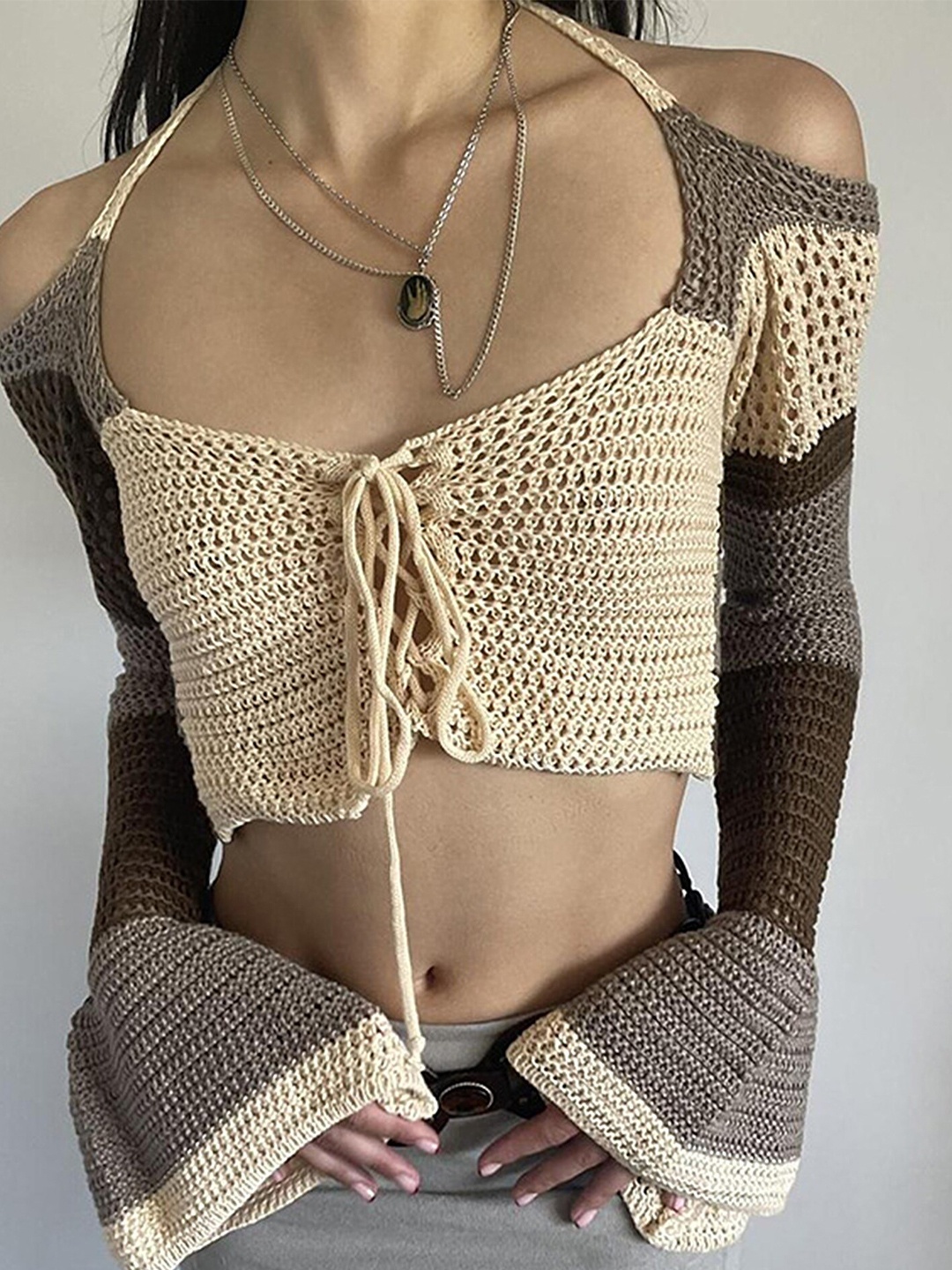

LULU & SKY Halter Neck Cold-Shoulder Fitted Crop Top, Khaki