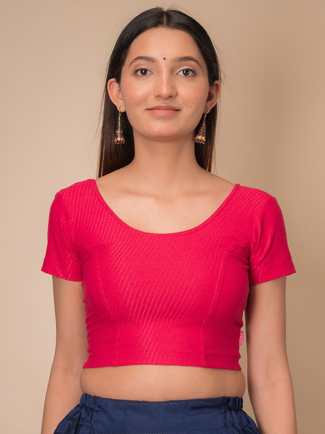 

Bindigasm's Advi Self-Designed Textured Cotton Stretchable Saree Blouse, Pink