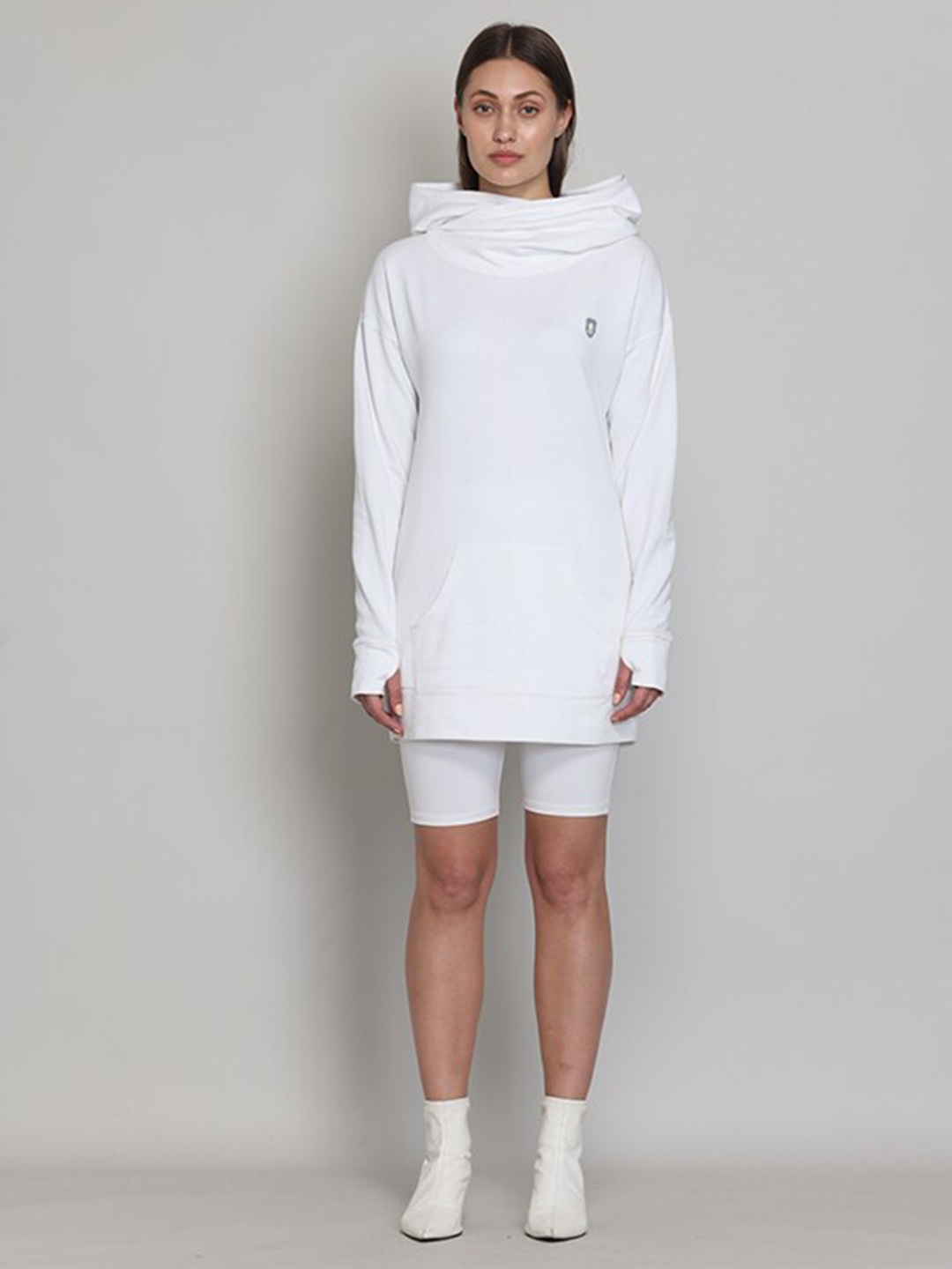 

Muvazo Hooded Long Sleeves Fleece Longline Pullover Sweatshirt, White