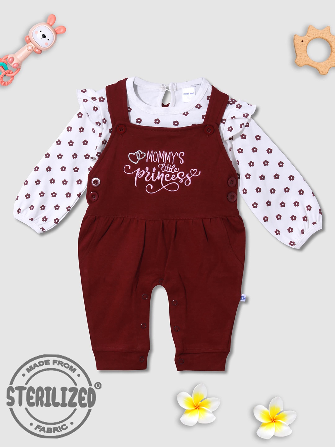 

Moms Love Infant Girls Floral Printed Cotton Dungaree With T-Shirt, Maroon