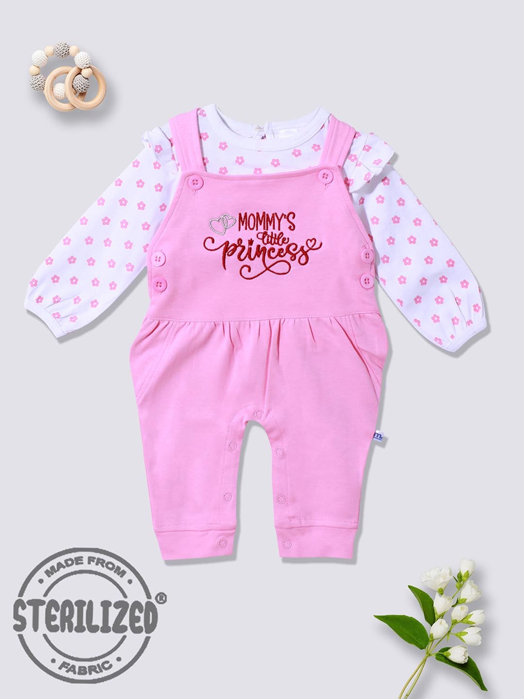 

Moms Love Infant Girls Printed Cotton Dungaree With T-Shirt, Pink