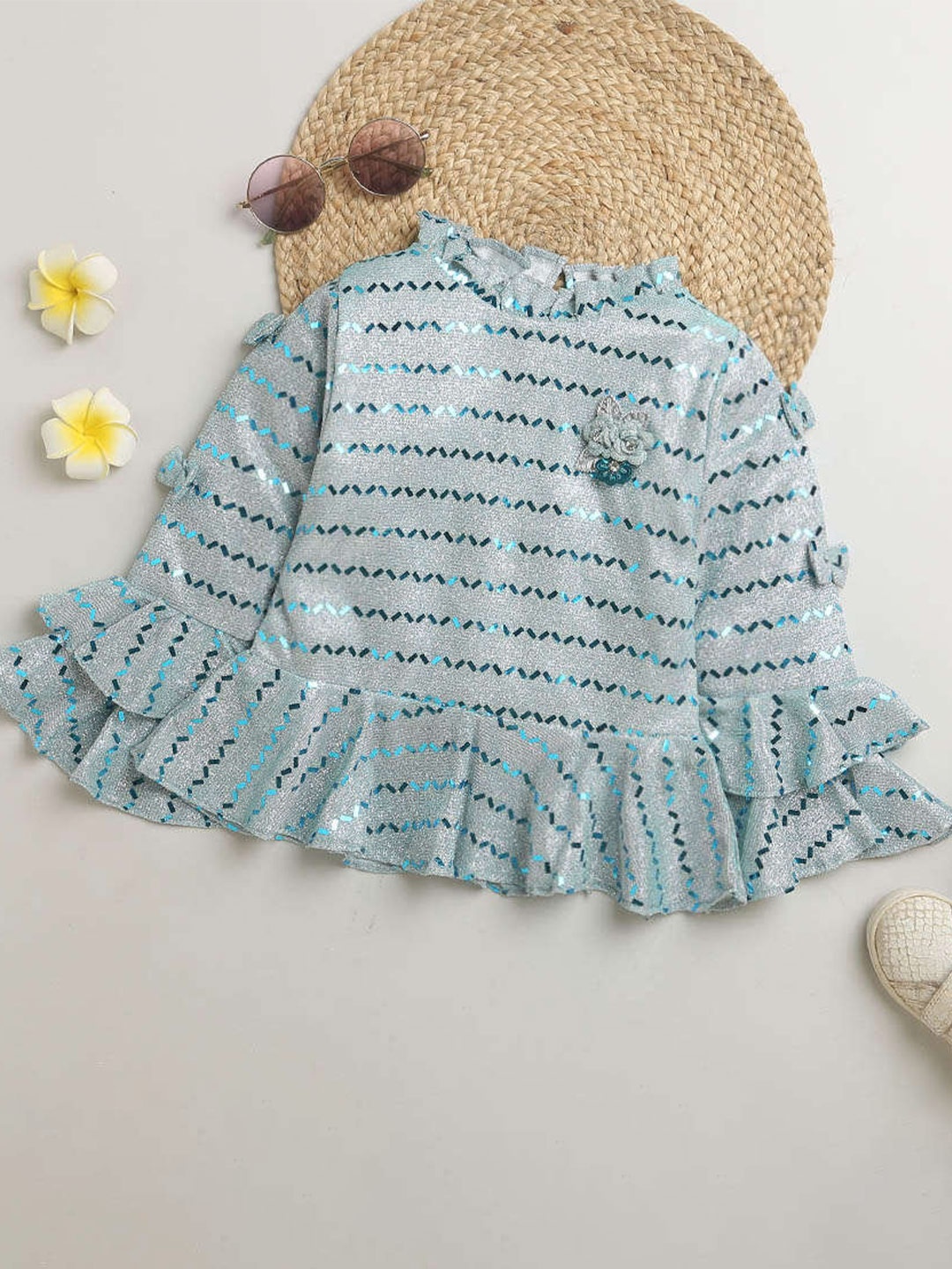 

Tiny Girl Geometric Printed High Neck Bell Sleeve Top, Blue